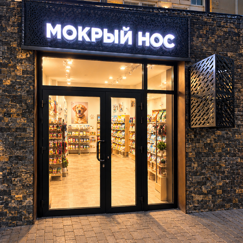 Наше портфолио - Фасадная вывеска из световых букв для зоомагазина "Мокрый нос"
